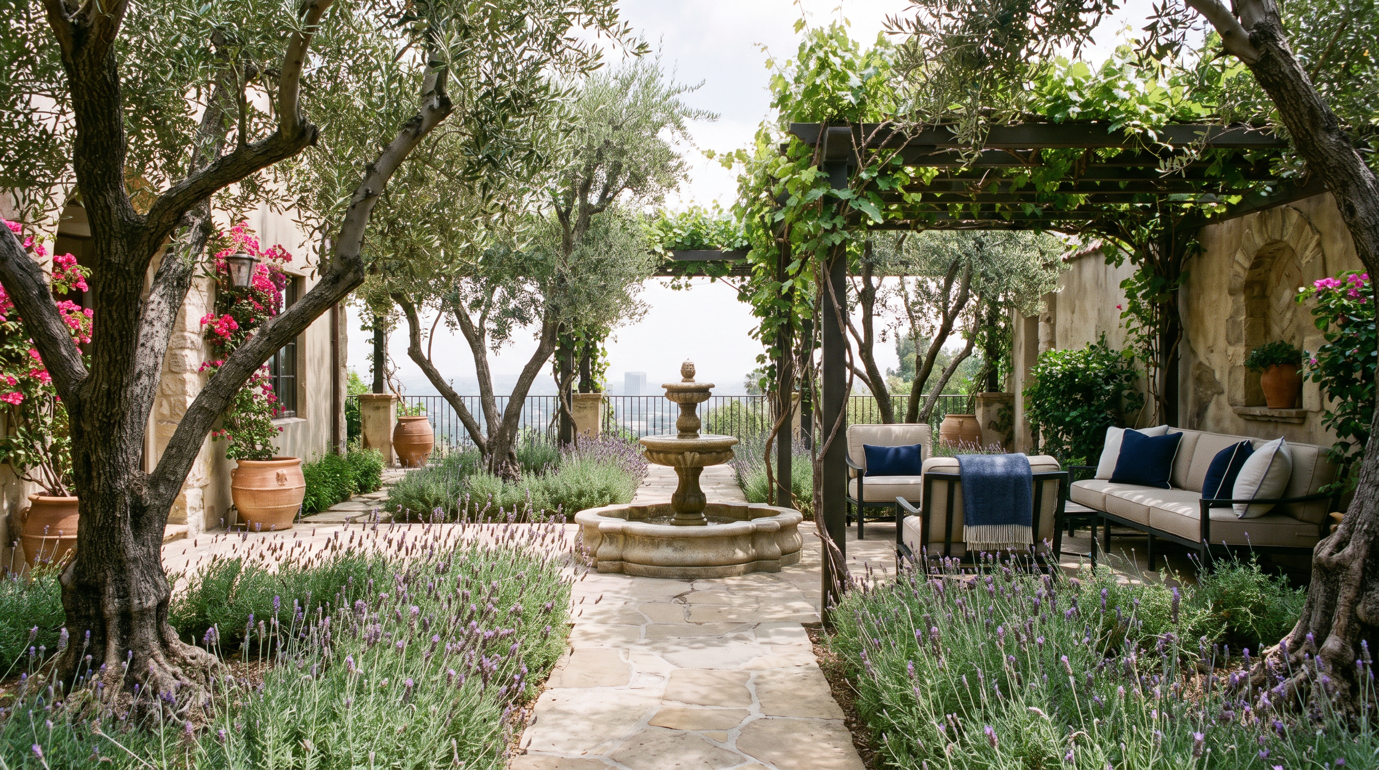 Tranquil courtyard garden with lavender and seating