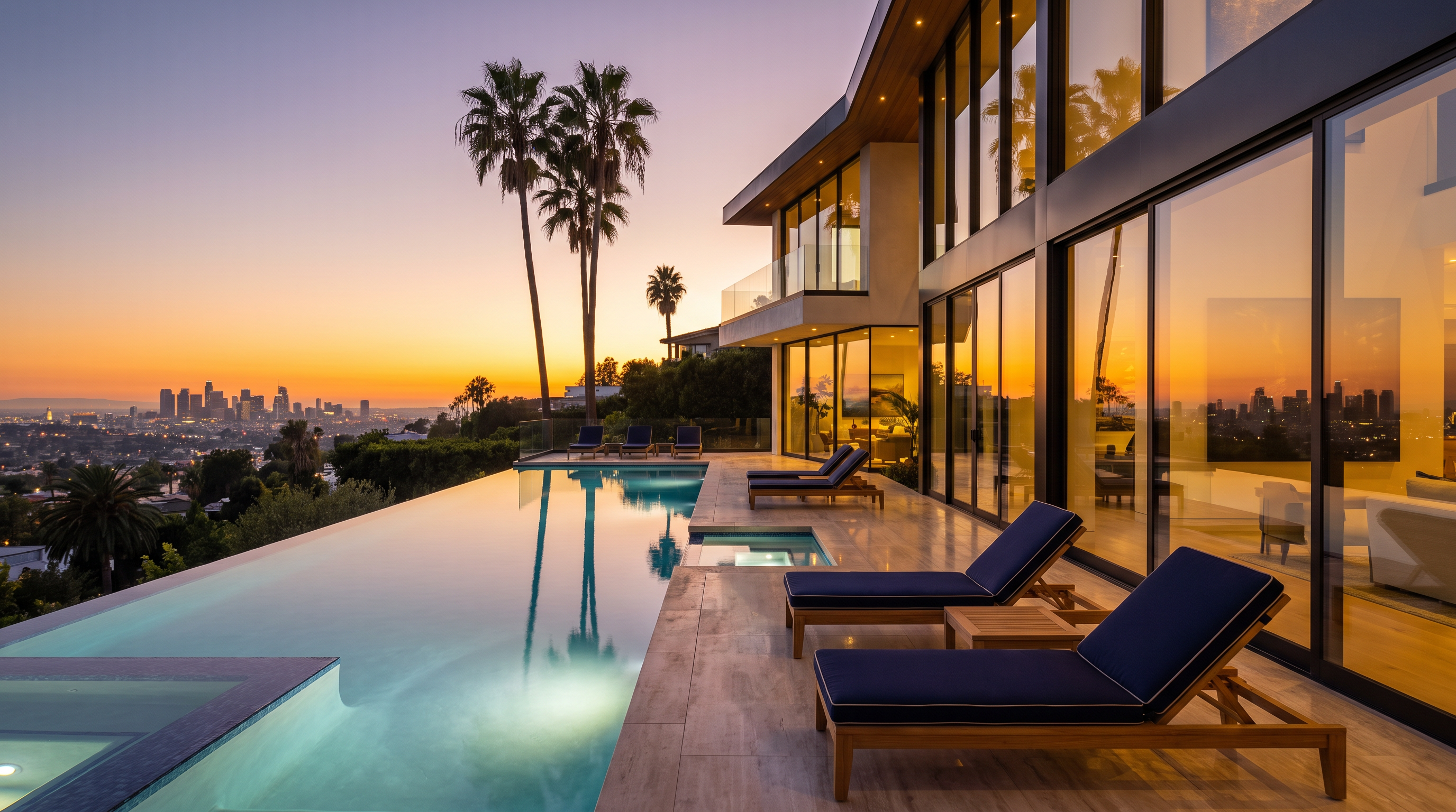 Infinity pool and glass-walled villa overlooking the Los Angeles skyline at sunset
