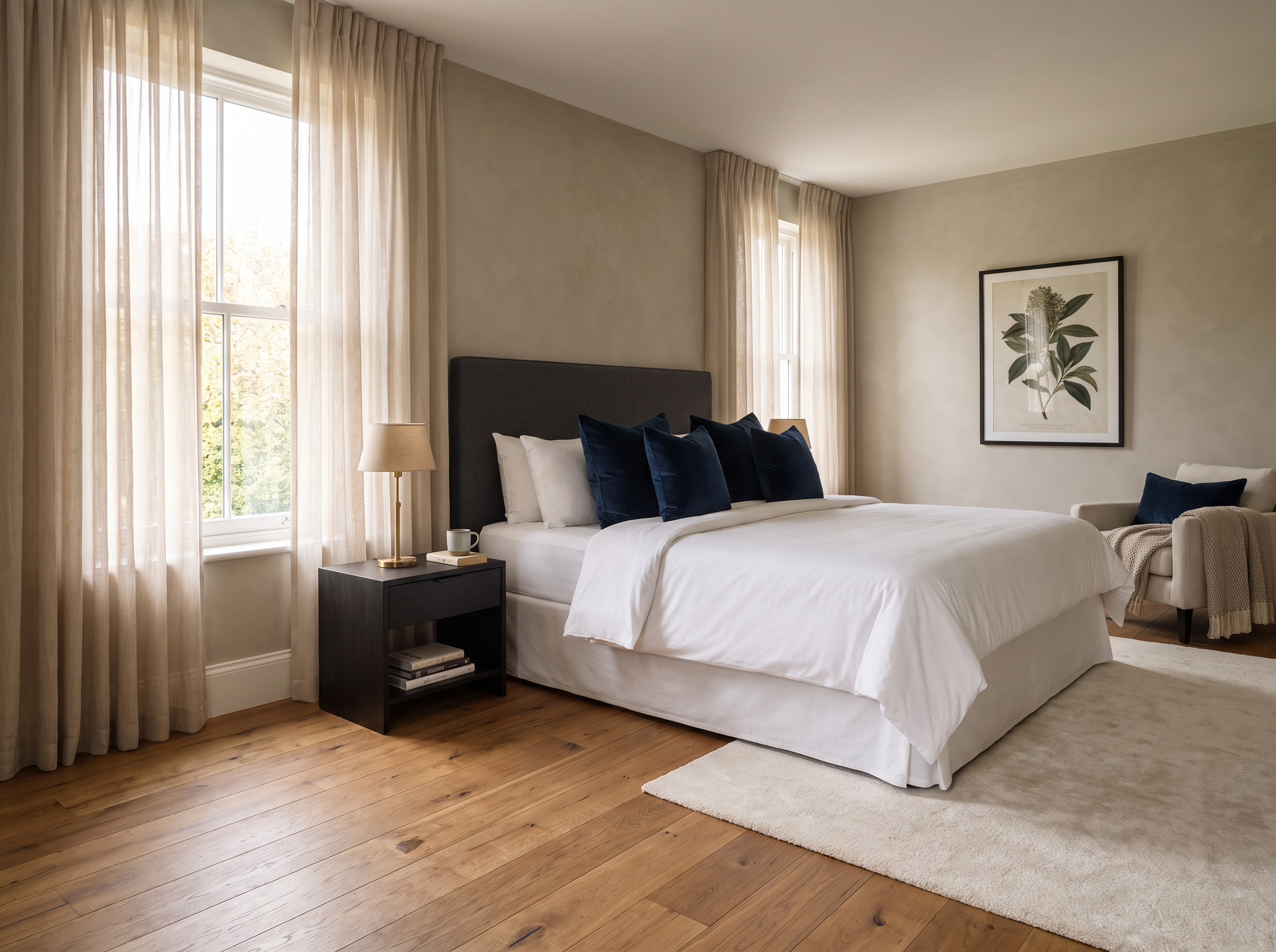Private bedroom suite with king bed and warm wood floors