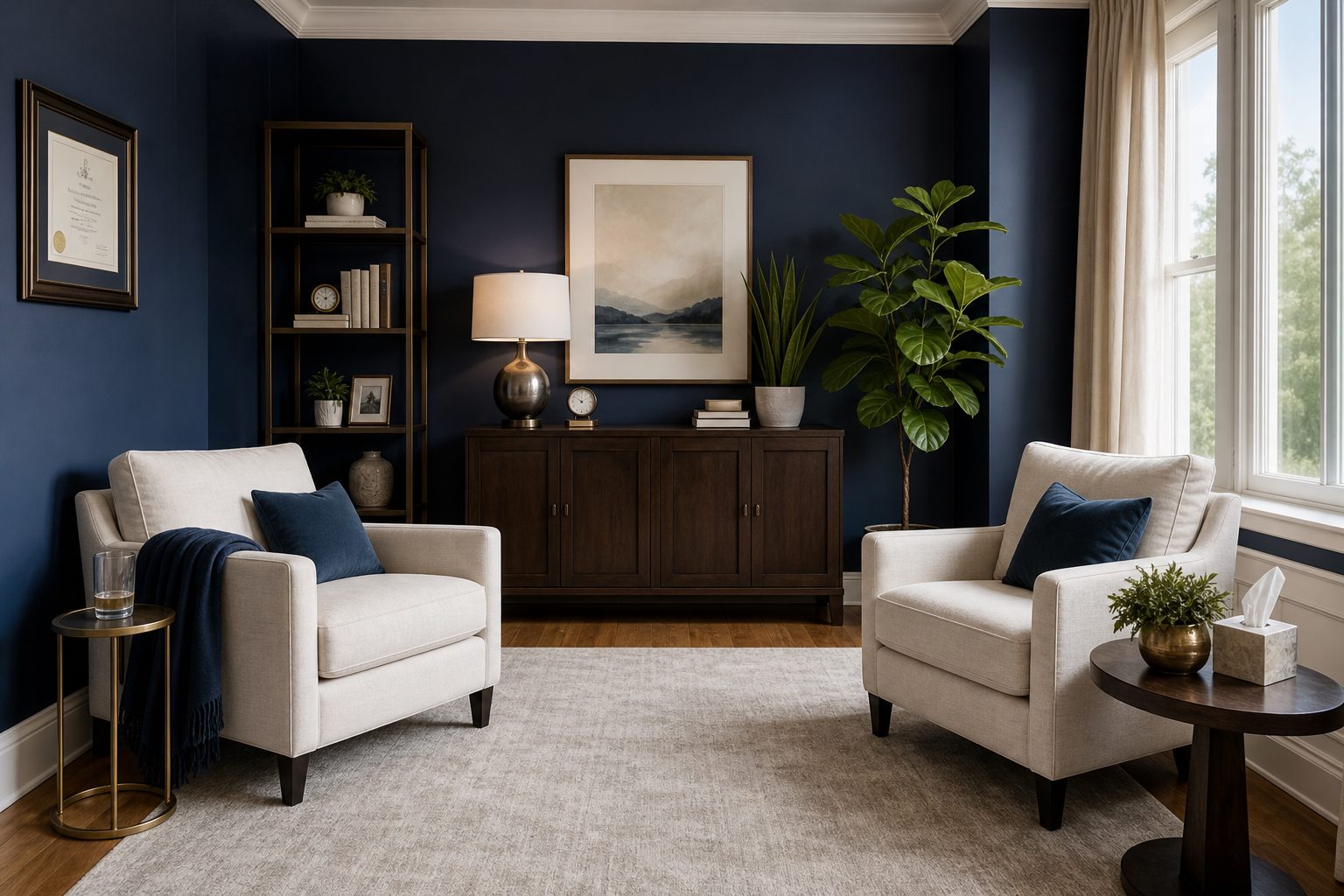 Private therapy room with two armchairs by a window
