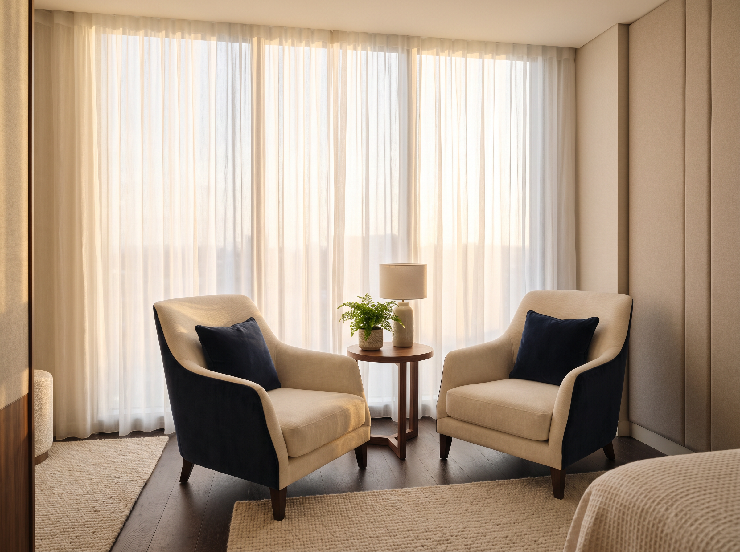 Private therapy room with two armchairs by a window